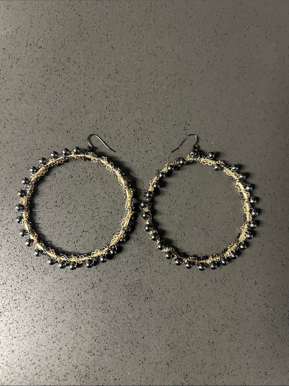 Gold and Black Beaded Hoop Earrings - Women's Fashion Jewelry